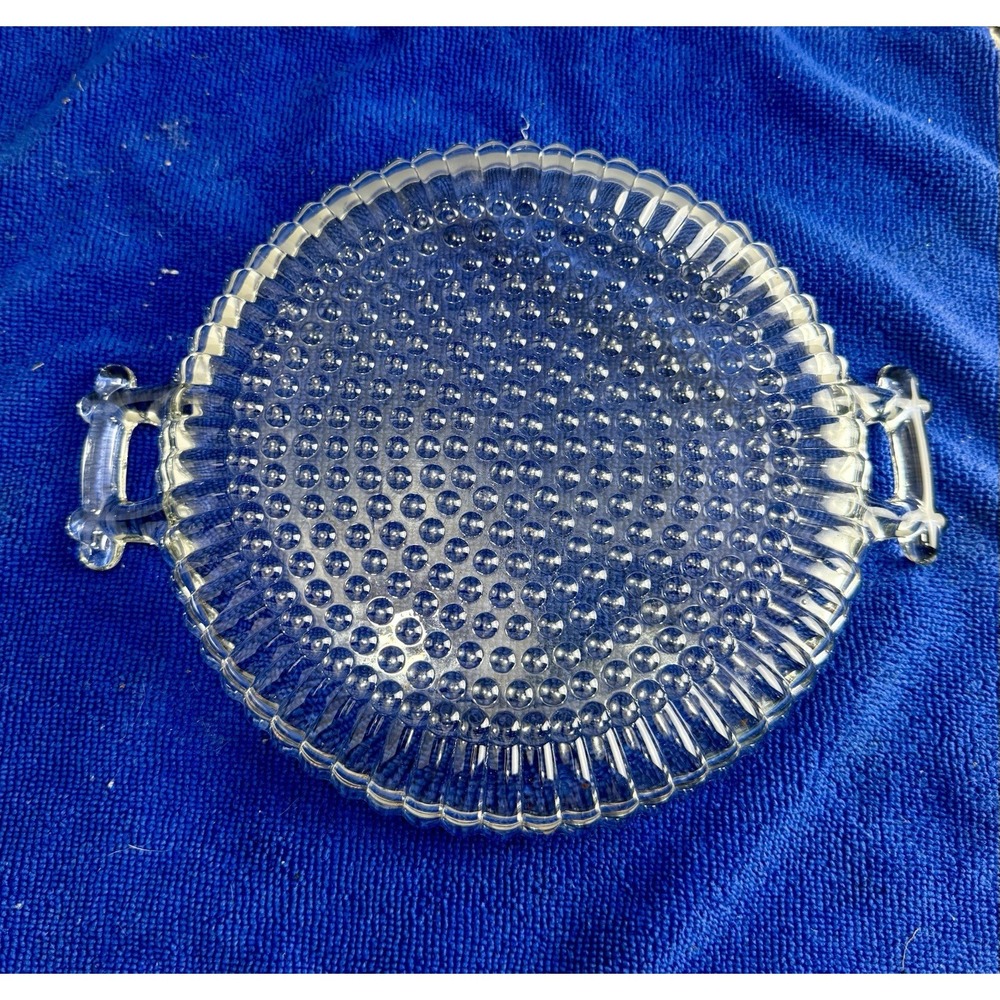 Vintage Jeanette Glass Co National Clear Hobnail 8" Round 2 Handle Tray Platter